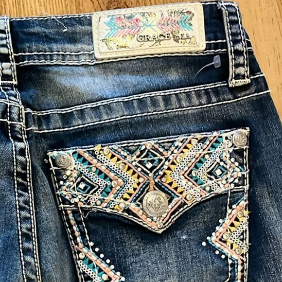Grace In La Woman's Bling Rhinestone Embroider Capri Jeans Sz 28 - Picture 11 of 11